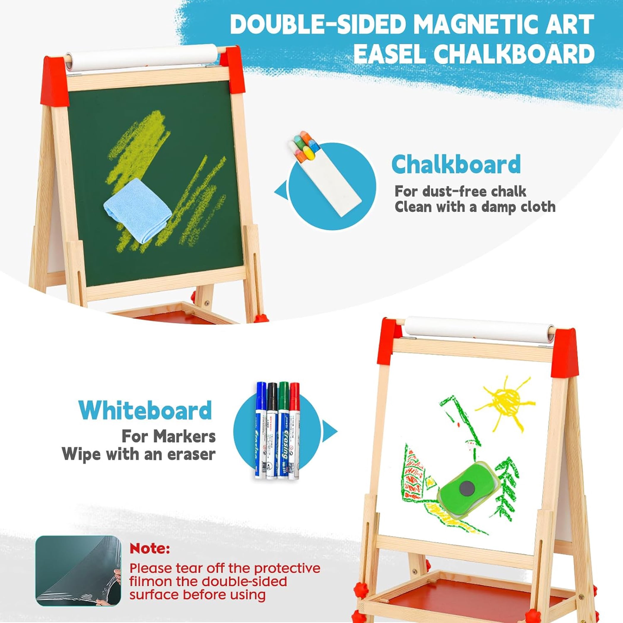 Ealing Kids Easel with Paper Roll,Double-Sided Adjustable Wooden Standing Easel for Toddler Ages 3+Boys, Girls