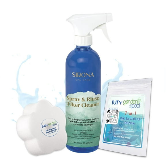 Sirona 82119 Spray & Rinse Filter Cleaner, 16 fl Oz Includes My Garden Pool 20 Ct. Test Strips & Scum Sponge Removes Debris for Efficient Spa Filtration