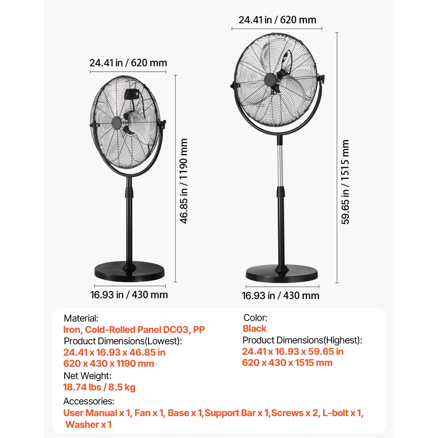 KFFKFF 20" Industrial Oscillating Standing Fan, 4500CFM High Velocity Pedestal Fan with Adjustable Height from 46.9 to 59.6 Inches, Ground Fans with 3 Speed Settings