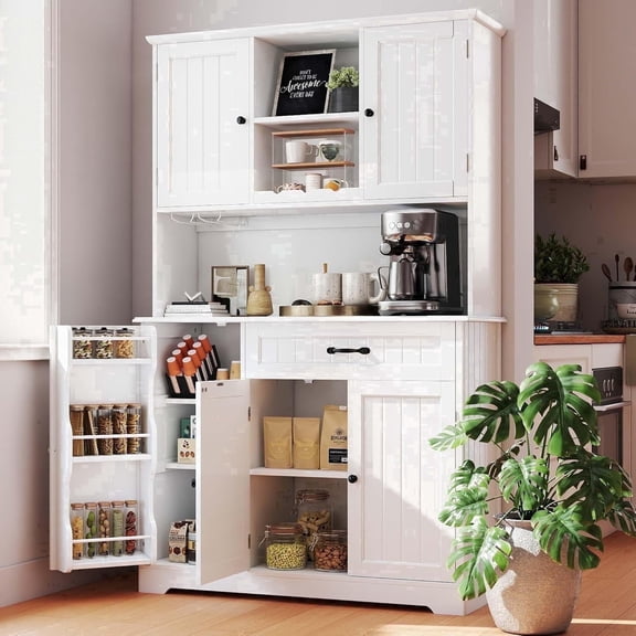 67" Kitchen Hutch Cabinet with 5 Doors and 14 Shelves, Noelse Large Wooden Kitchen Pantry Storage Cabinet with Drawer, Tall Coffee Bar for Dining Room, White