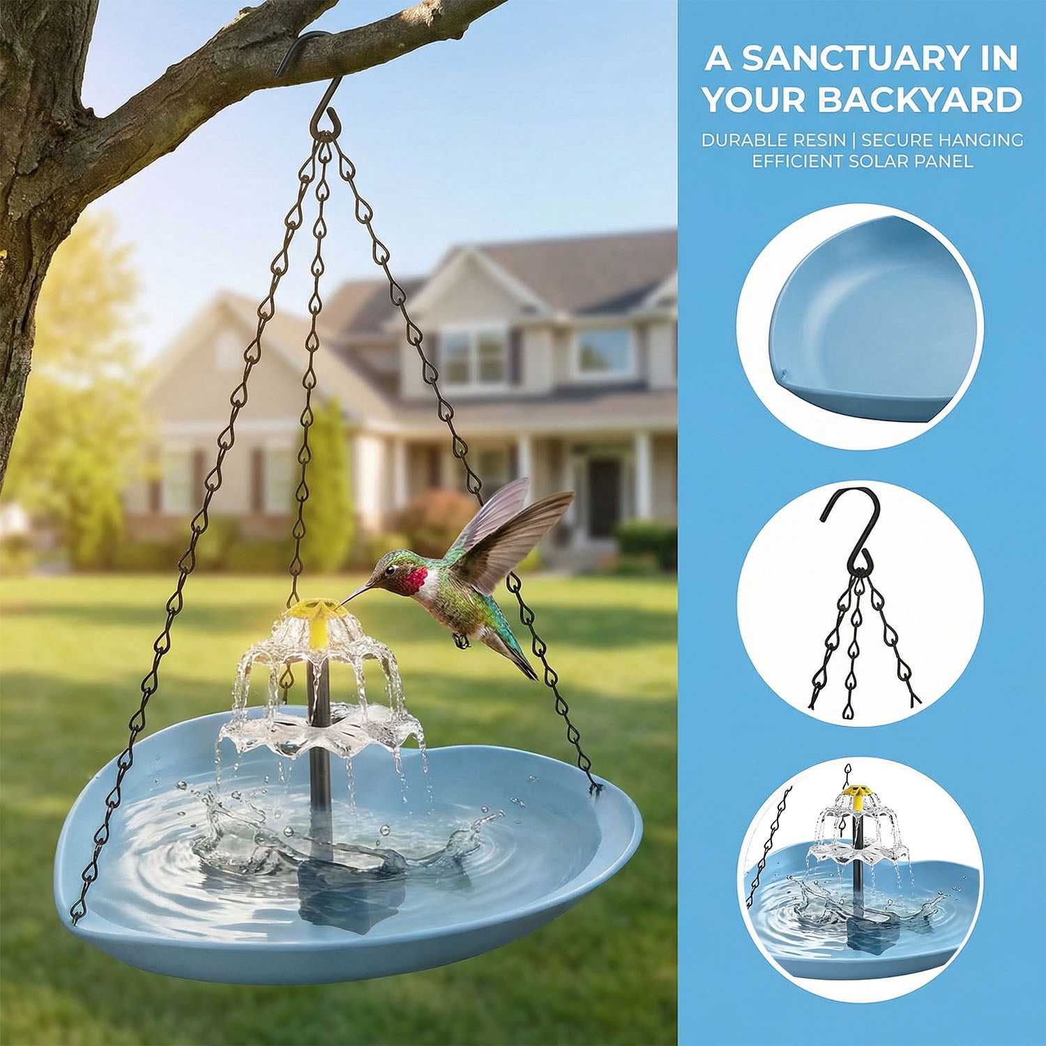 Fountwell Hanging Solar Bird Bath Fountain with Built-in Pump, Heart-Shaped Basin Cascade Water Flow – All-in-One No Wiring for Garden, Patio, Hummingbirds