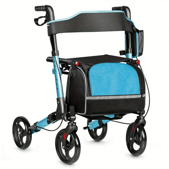 Lightweight Foldable Rollator Walker - 8-Wheel All Terrain Mobility Walker with Seat, Adjustable Handles and Supportive Backrest for Daily Use (Blue)