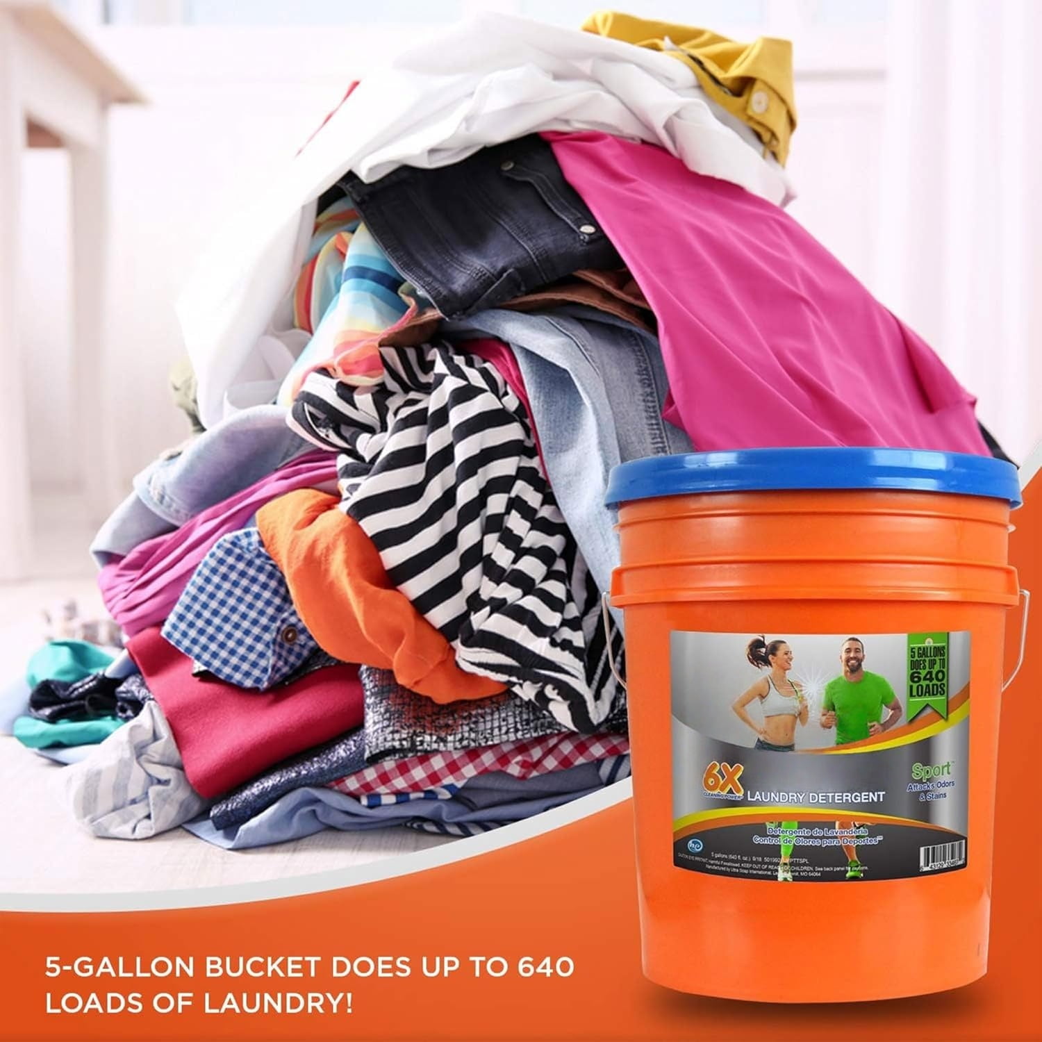 5 Gallon Liquid Laundry Detergent Washing Soap for All Machine Types, 6X Platinum, Up to 640 Loads, Sport Odor & Stain Remover