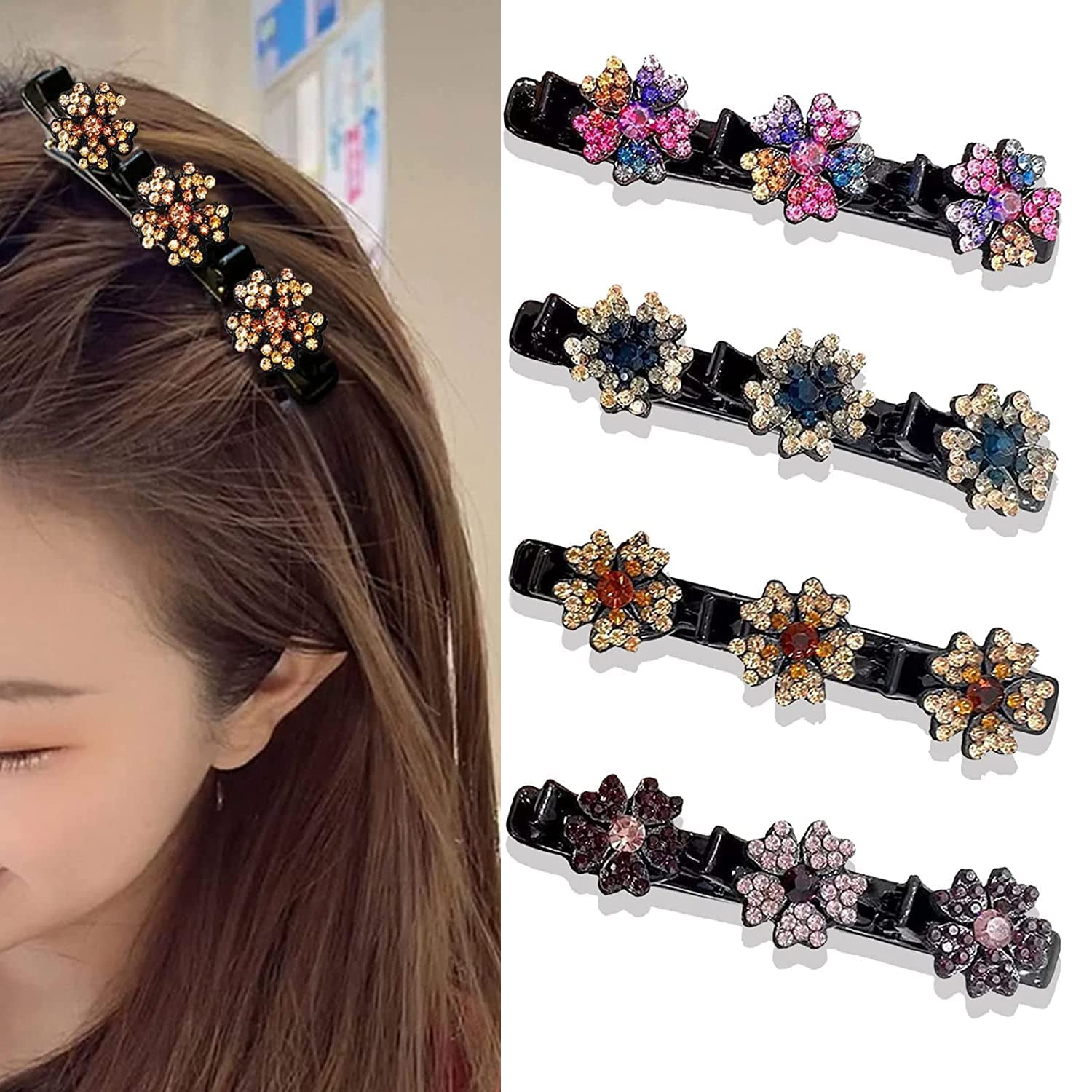 (Three Items) 4 Pcs Sparkling Crystal Stone Braided Hair Clips