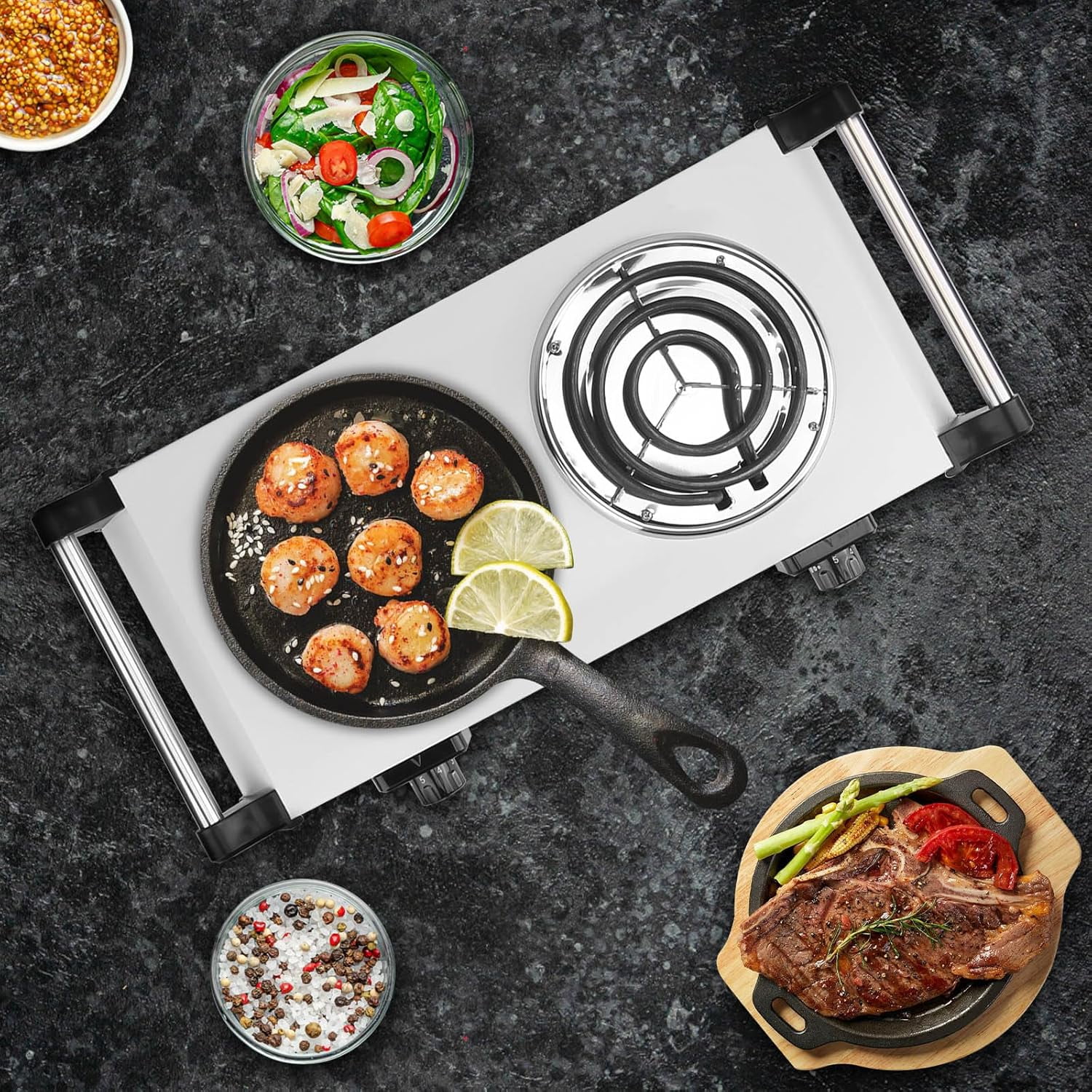 DICEEVIL Electric Double Burner, 2000W Portable Electric Stove Countertop Double Burner, Hot Plate with Handles & Adjustable Temperature, Cooktop for Cooking, Home, Camp, White