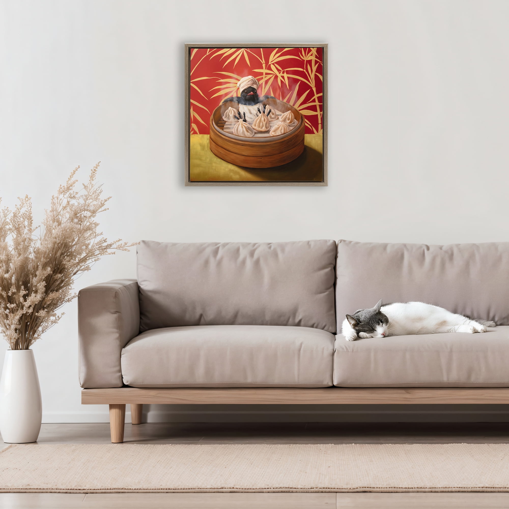 Bamboo Steamer Bird Brown Framed Floater Canvas Wall Art, design by Lucia Heffernan