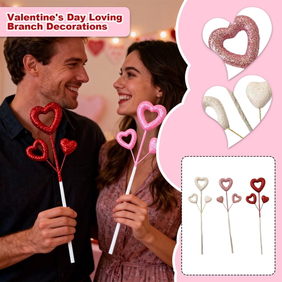 Valentines Day Decorations Heart-shaped Foam Flower Picks with Glitter - Valentines Day Decor for Spring Home Decor Wedding Party Ornaments Pink, 13.75", 1Pcs