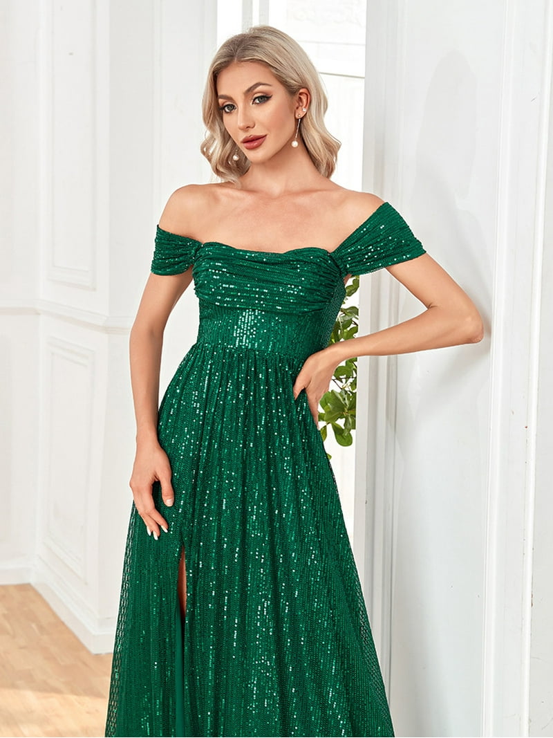Wedding Dress Wedding Guest Dresses for Women Popular Card Shoulder Straight  Collar A-line Slit Dinner Dress Long Dress Women Beads - Walmart.com