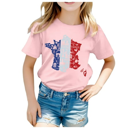 

Tops for Girls Printed Casual Short Sleeve T Shirt Round Neck Cute Soft Pink Colorful Tops for Teens