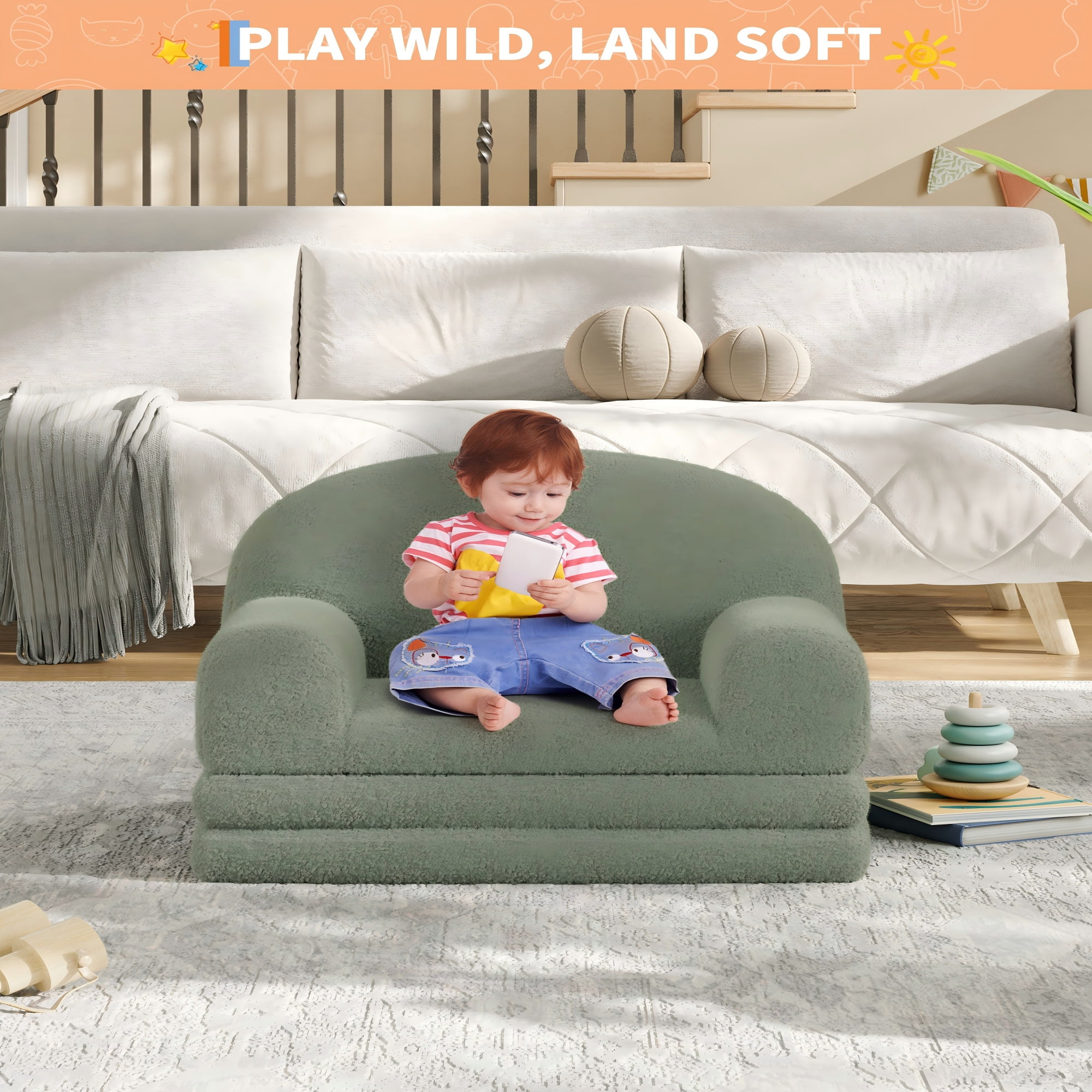 COZONY 2-in-1 Kids Sofa Chair, Convertible Toddler Couch Lounger, Fold-Out Teddy Fleece Sofa Bed