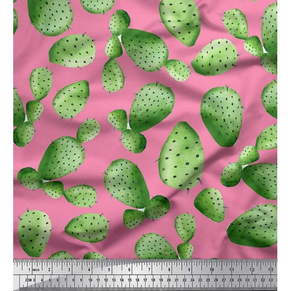 Soimoi Pink Heavy Satin Fabric Cactus Tree Printed Fabric 1 Yard 54 Inch Wide