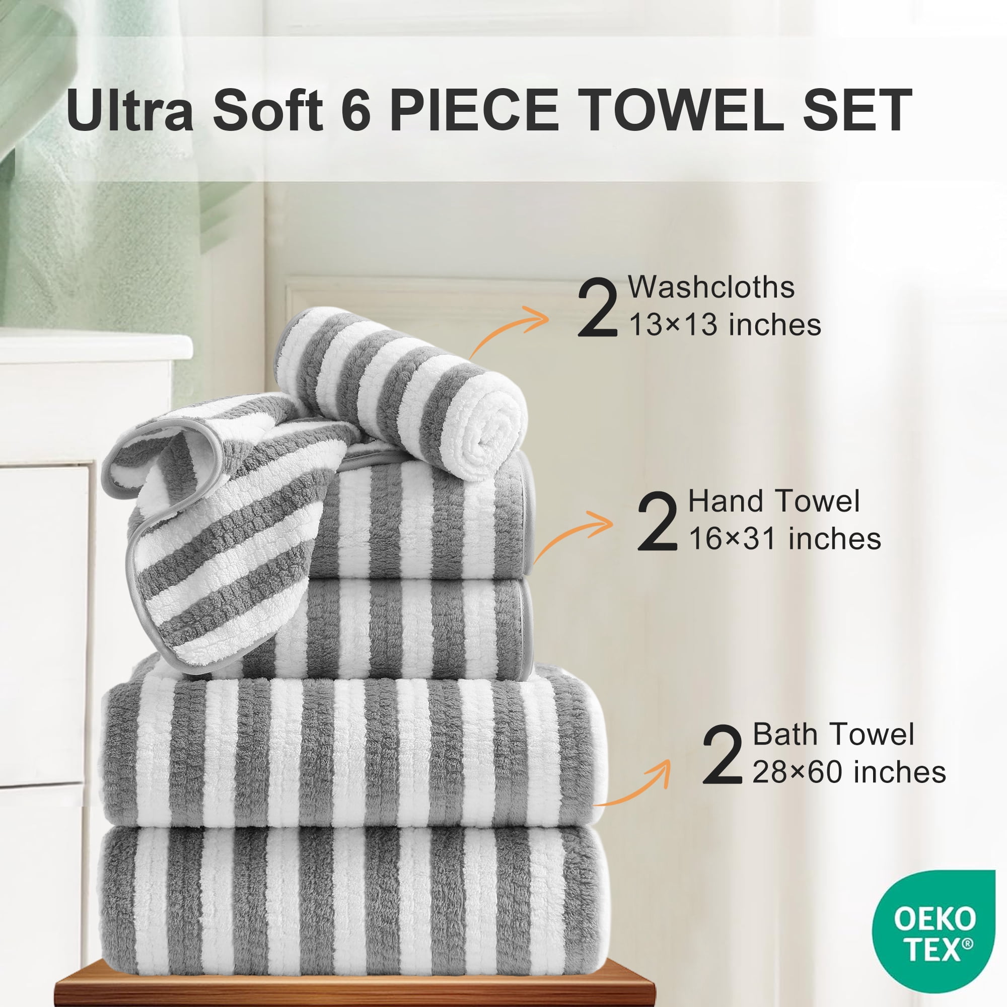 Jessy Home 6 Piece Light Gray Bath Towel Set for Bathroom-2 Bath Towels,2 Hand Towels,2 Washcloths Soft and Plush Highly Absorbent Towel for Hotel & Spa