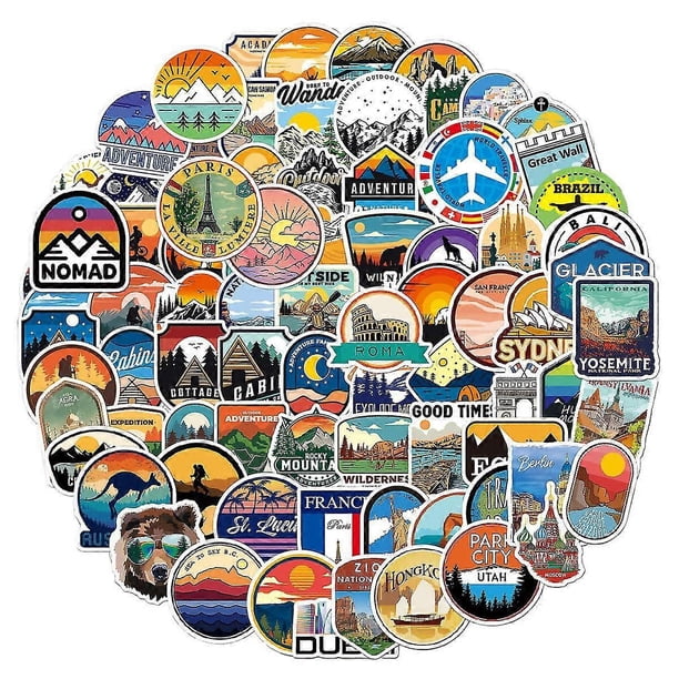 Travel Decal Sticker 100 Pieces, Outdoor Adventure Vinyl Stickers, Vintage Labels Stickers for Laptop Helmet Motorcycle Bike Suitcase