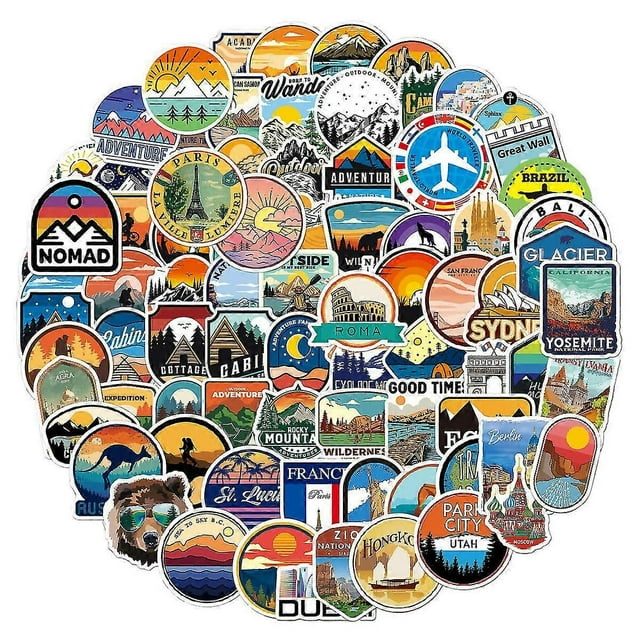 Travel Decal Sticker 100 Pieces, Outdoor Adventure Vinyl Stickers, Vintage Labels Stickers for Laptop Helmet Motorcycle Bike Suitcase