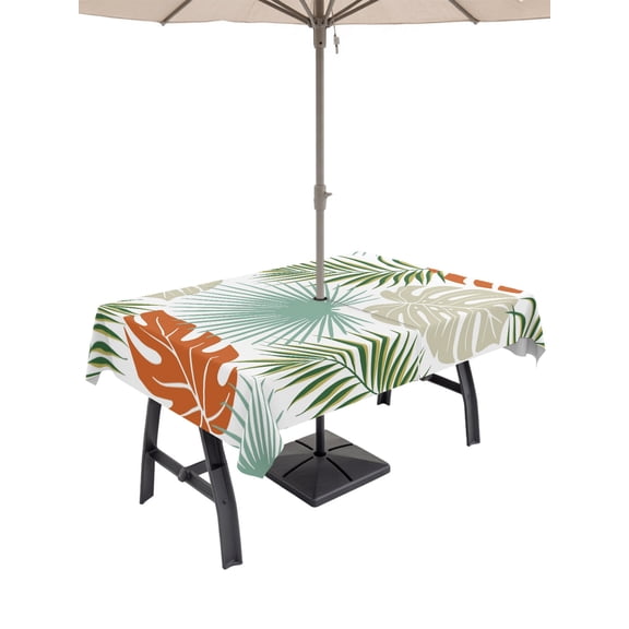 60x84 Inch Outdoor Tablecloth with Umbrella Hole Zipper Rectangle Beige Teal Palm Leaves Rectangular Tablecloths Outside Waterproof Tropical Botanical Summer Patio Table Cloth Cover for Picnic Party