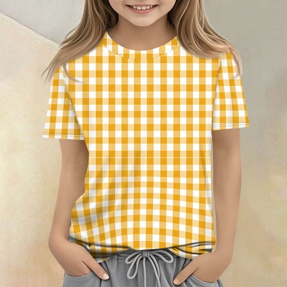 CCRFTGI Cute Tops for Kids Girls Size 7 Plaid Shirt Graphic Tees Short Sleeve Summer Tops Girls Fashion Crewneck Blouse Tee Yellow 9-10 Years