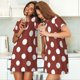 thumbnail image 4 of Balery Maroon And White Polka Dot Camisón de manga corta con cuello redondo para mujer, cómodo y elegante., 4 of 6