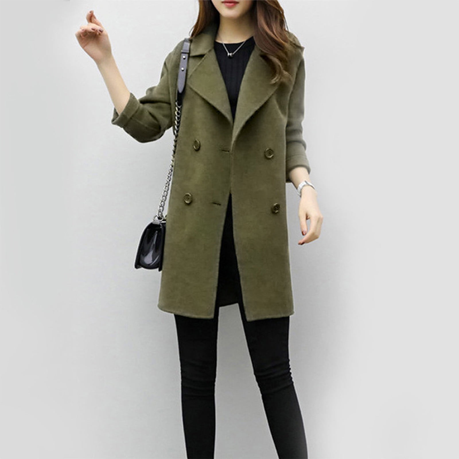 Winter Coats for Women Lapel Collar Button Front Solid Color Long Sleeve Overcoat Ladies Cozy Outerwear Jackets Walmart