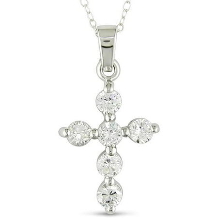 Sterling Silver Cubic Zirconia Cross Pendant, 18"