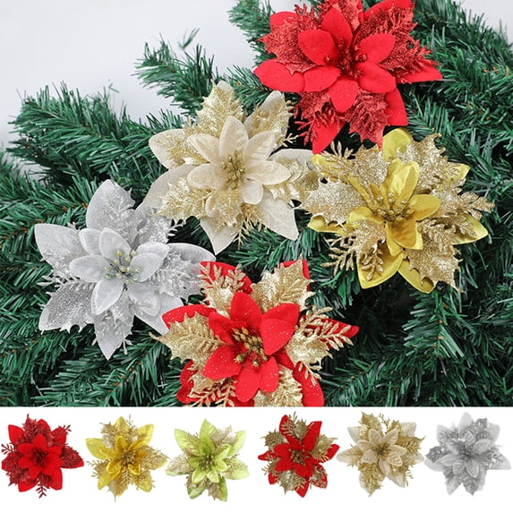 Cheers.US 6Pcs Glitter Christmas Flowers Christmas Tree Christmas Wreath Accessories Ornaments,5.5 Inch Artificial Poinsettia Flowers for Xmas Holiday Home Party Decor