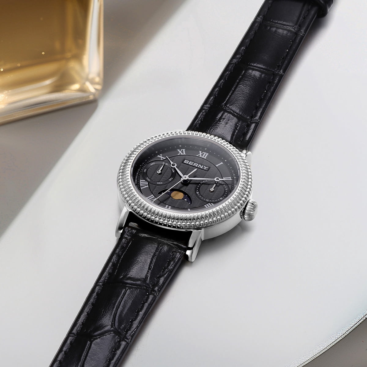 BERNY Womens Leather Watch, Vintage Roman Numerals Luxury Moon Phase Watch with Day & Date, Stainless Steel, Sapphire Crystal, Waterproof, Fashion Dress Analog Quartz Wrist Watches for Women (Silver)