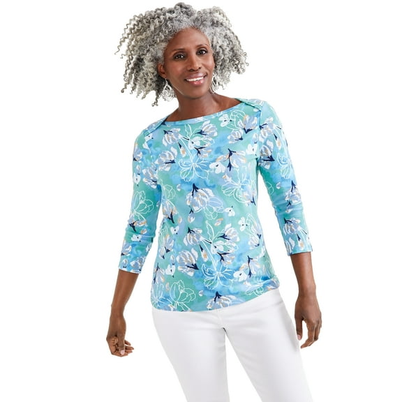 Petite Floral Cotton 3/4-Sleeve Top Arles Desert Teal PM