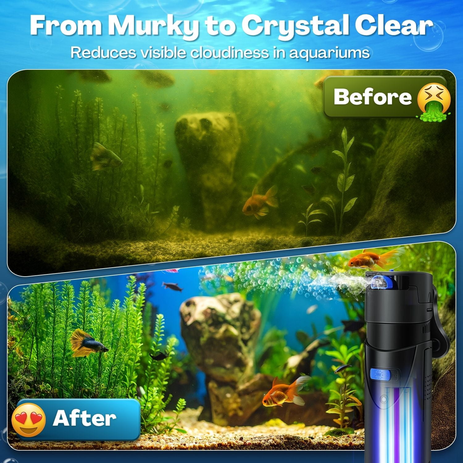 UV for Aquarium - 4-in-1 Aquarium Water Filter Pump & UV Light for Fish Tank, Fully Submersible with Quartz Bio-Balls, Suitable for Fresh & Saltwater UV Needs - Black