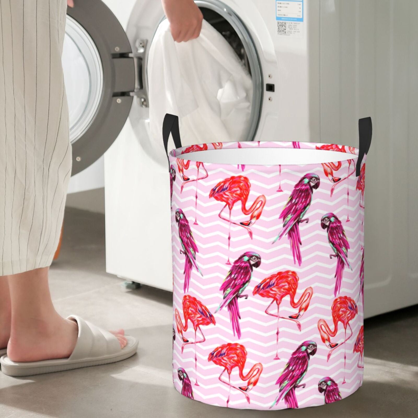 Large Laundry Basket with Handles - Striped Parakeet Flamingo Pink Kids Baby Dirty Clothes Laundry Hamper for Bedroom Aesthetic