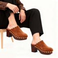 thumbnail image 4 of XYD Women Closed Rounded Toe Slip-on Mules Mid Chunky Heel Stylish Studs Scalloped Edge Platform Casual Dress Shoes Size 10.5 Brown, 4 of 4