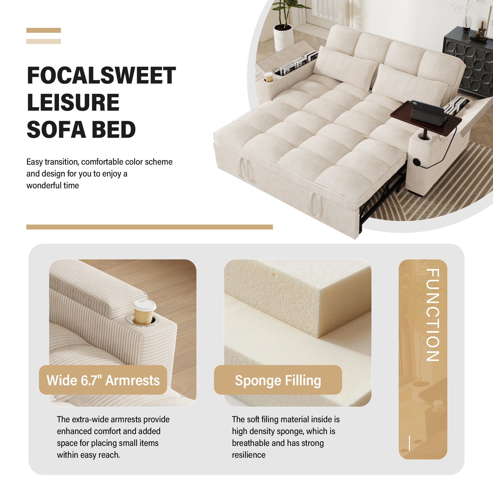 Aukfa 65"W Convertible Sofa Bed with Storage, 3-in-1 Corduroy Queen Sleeper Sofa Couch with 360° Swivel Side Table & USB /Type-C Ports,Beige