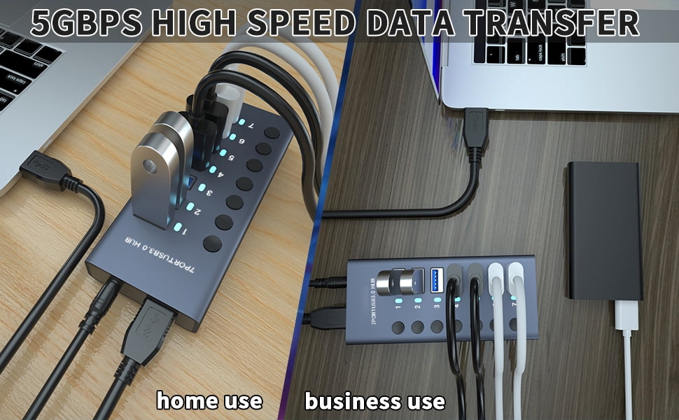 Powered USB Hub, AUBEAMTO Aluminum 7-Port USB 3.0 Hub with 7 USB 3.0 Data Transfer Ports, USB Splitter with Individual Switch and 36W (12V/3A) Power Adapter for Laptop, PC, Computer, Mobile HDD