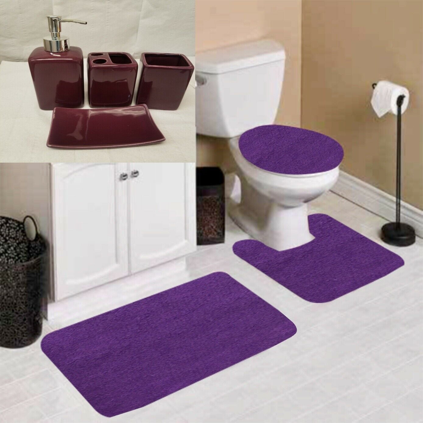 7PC SOLID NON SLIP SOFT BATH/RUG/4PC CERAMIC ACCESSORIES SET FOR