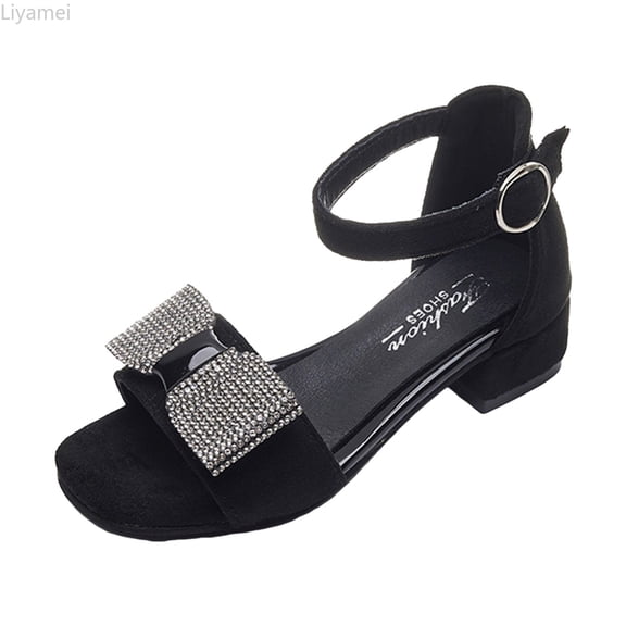 Liyamei Children Shoes Thick High Heel Sandals Fashionable Diamond Bow Small High Heel Princess Sandals Girls Dress Sandals Size Black 3.5-4 Years