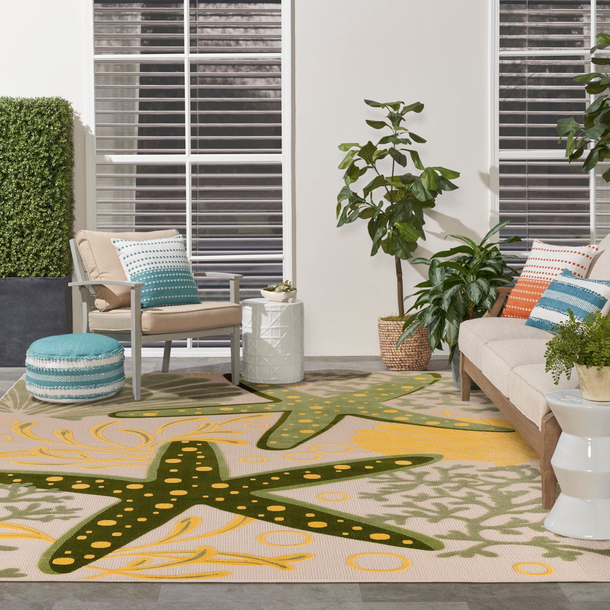 Nourison Aloha Ocean Starfish Indoor/outdoor Area Rug Green Yellow 9' x 12'