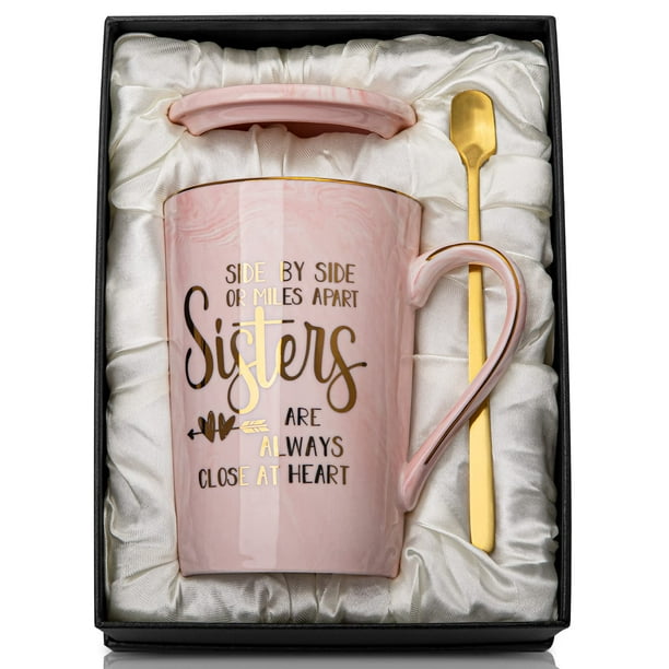 Doublewhale Sister Gifts - Regalos de cumpleaños para hermanas, regalo de cumpleaños de Navidad para Soul Sisters, taza de café con estampado dorado de cerámica de mármol rosa de 14 onzas con tapa de