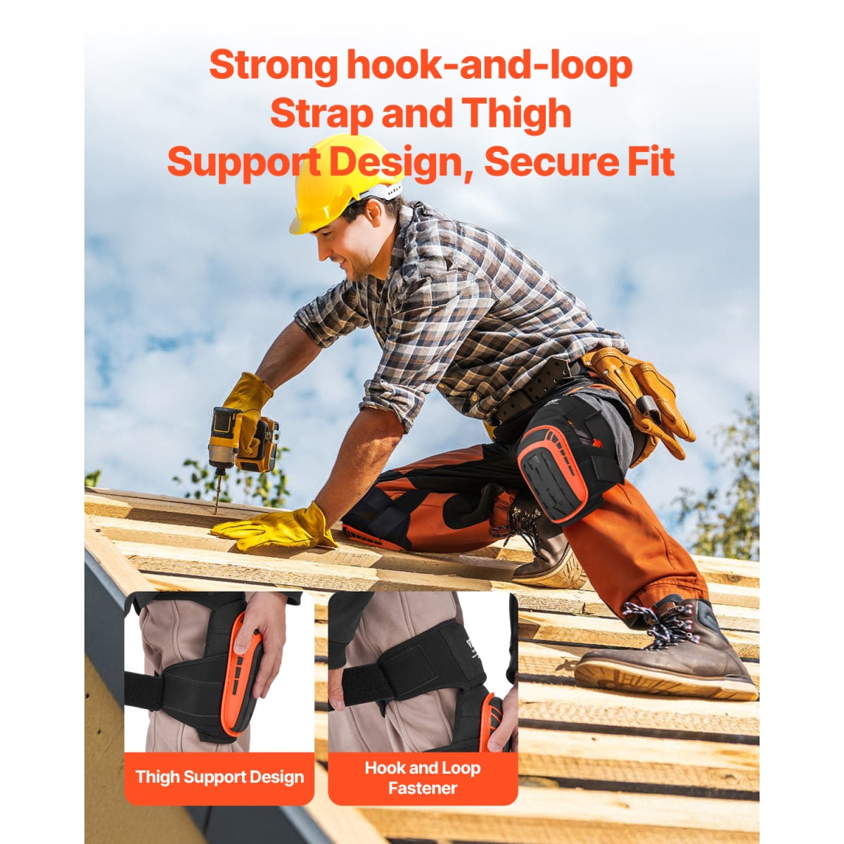 FENGFAN Heavy Duty Work Knee Pads Gel Foam Anti-Slip with Extension Straps Black Orange 1 Pair