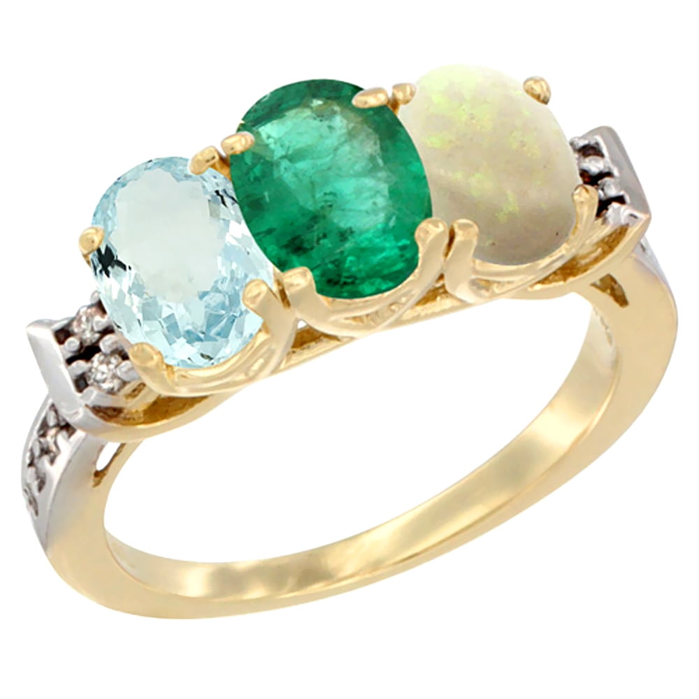 14K Yellow Gold Natural Aquamarine, Emerald & Opal Ring 3-Stone Oval 7x5 mm Diamond Accent, sizes 5 10 by WorldJewels