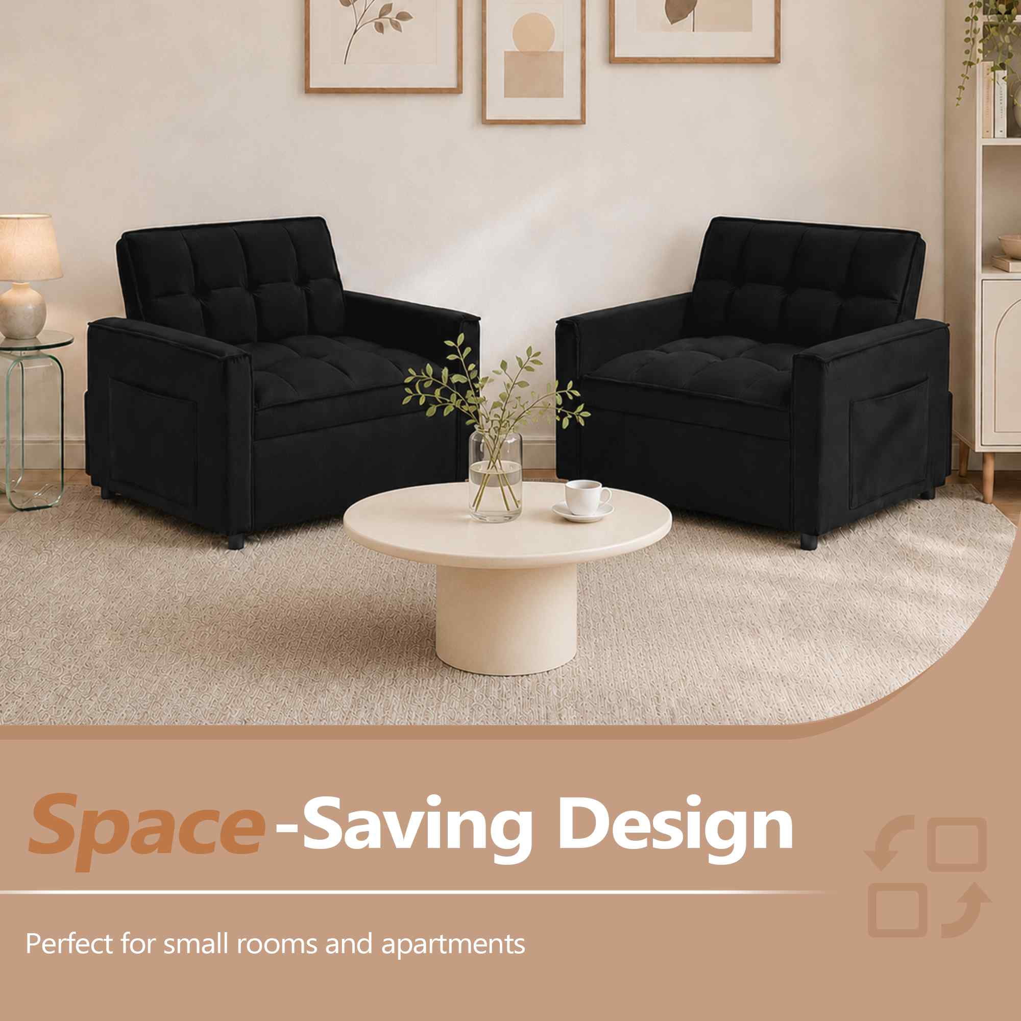 FFH Recliner Chair, Convertible Sofa Bed with Adjustable Backrest, Couch for Living Room, Bedroom, Black