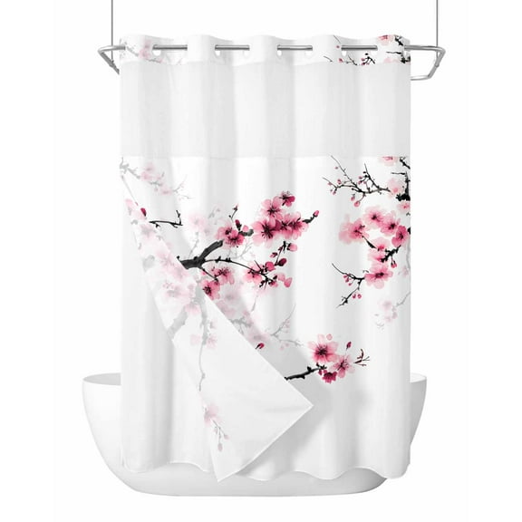 No Hook Cloth Fabric Shower Curtain with Snap in Liner, Cherry Blossoms Waterproof Shower Curtains Set with See Through Top Window, Pink Pastoral Modern Gradient Spring Bath Curtains Shower 60"x72"