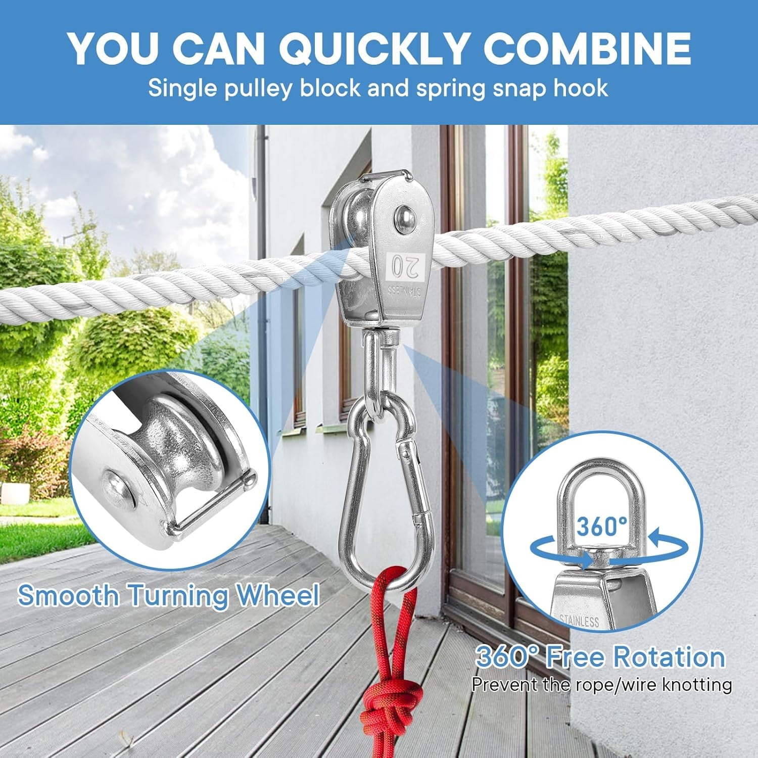 TooTaci Pulley Block and Tackle System, 304 Stainless Steel M20 Crane Pulleys for Lifting with 66ft Nylon Line Rope for Clothesline, Hanging