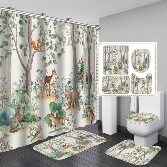 4PCS Red Camo Deer Shower Curtain Sets with Rugs, Waterproof Fabric Shower Curtain, Black American Flag Stars Stripes Camouflage Elk Moose Wildlife Forest Hunting Rustic Cabin Bathroom Decor