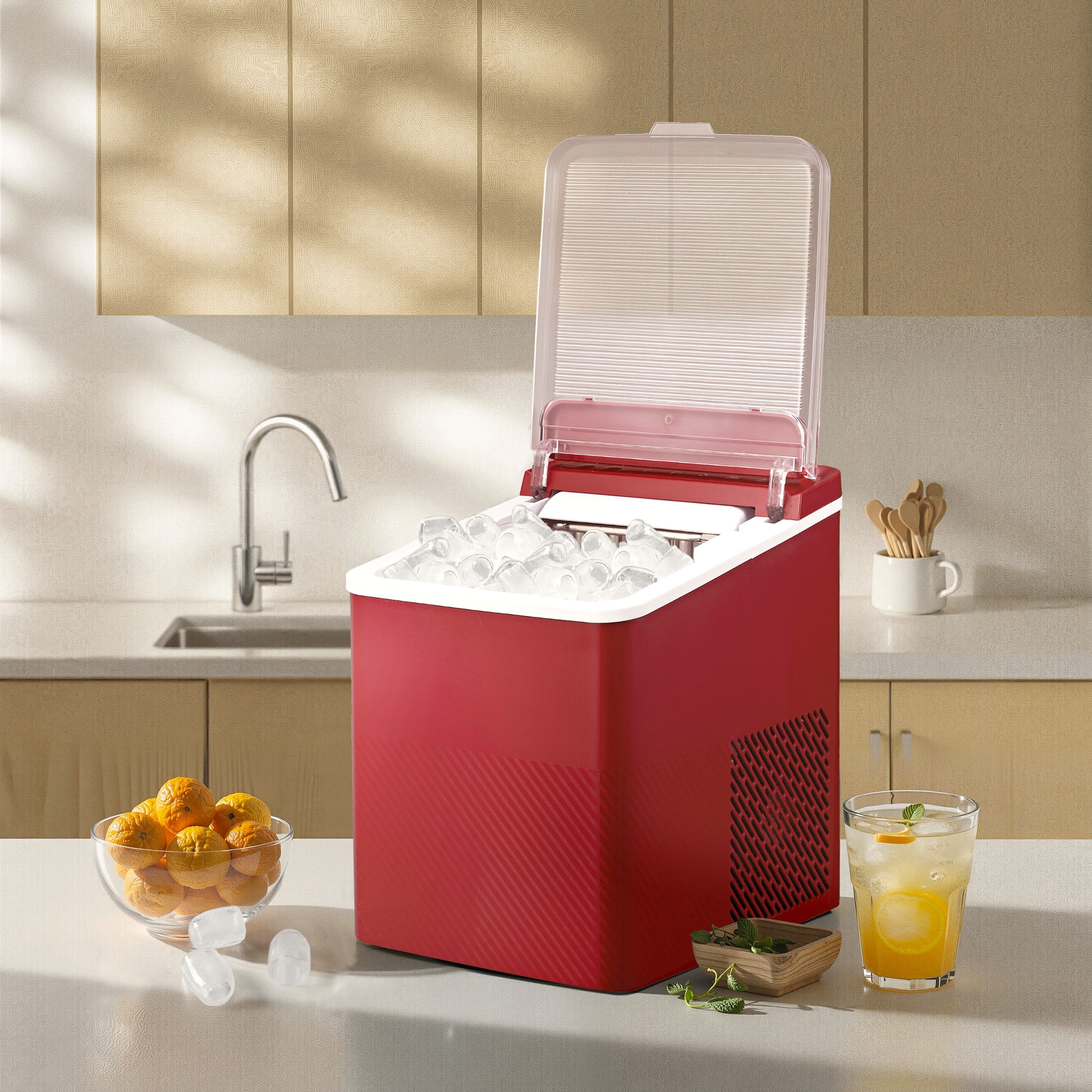 Mainstays Portable Countertop Ice Maker, 26 lbs Per Day, Compact Ice Machine with Quick Ice Cycles, No Plumbing Required, Red