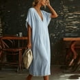 thumbnail image 4 of LNWUY Women's V Neck Linen Maxi Dress with Lace Trim Short Sleeve Solid Color Loose Pocket Long Dress Summer Casual Beach Dress Blue XXXL, 4 of 6