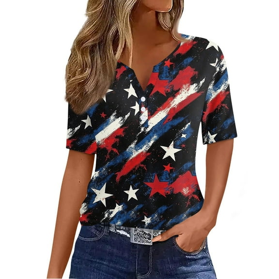 Mlqidk Patriotic Shirts for Women American Flag 4th Of July Short Sleeve Tees Red White and Blue V Neck T-Shirt Black L