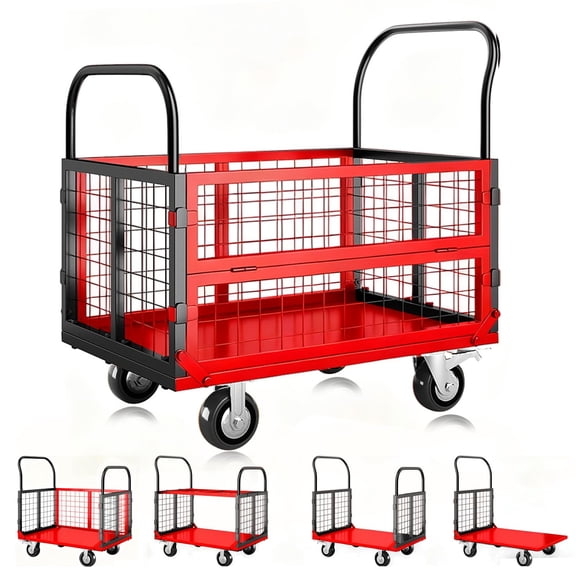 Accreate 6 in 1 Foldable Platform Truck Cart with Space-Saving Storage, 1800Lbs Heavy Duty Platform Dolly with Cage, Push Hand Truck Dolly Cart for Grocery Laundry Garage Warehouse