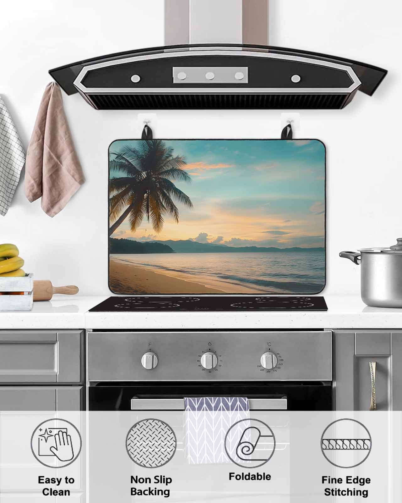 nqOlkjepod Large Induction Cooktop Protector Mat 24"x21", Tropical Palm Stove Top Covers for Electric Stove, Coastal Sunset Tree Branch Ocean Stove Burner Cover Mats, Glass Top Stove Cover