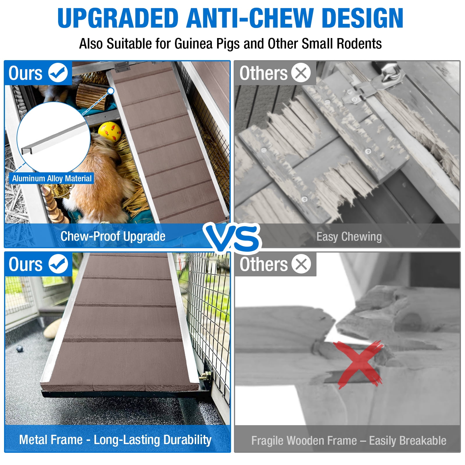 Suumerpety Rabbit Hutch on Wheels Indoor Rabbit Cage Outdoor Bunny Hutch with 3 Plastic Trays & Anti-Chew Ramp Metal Frame Guinea Pig Cage Brown