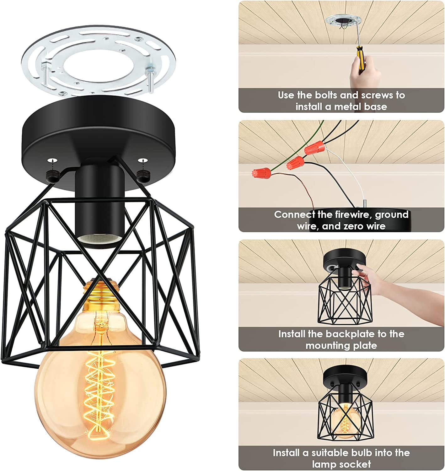 Flush Mount Ceiling Light, E26 Industrial Metal Cage Lights Fixtures Ceiling Mount(4 Packs)