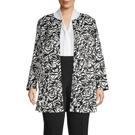 Plus Jewel Neck Floral Open Front Jacket
