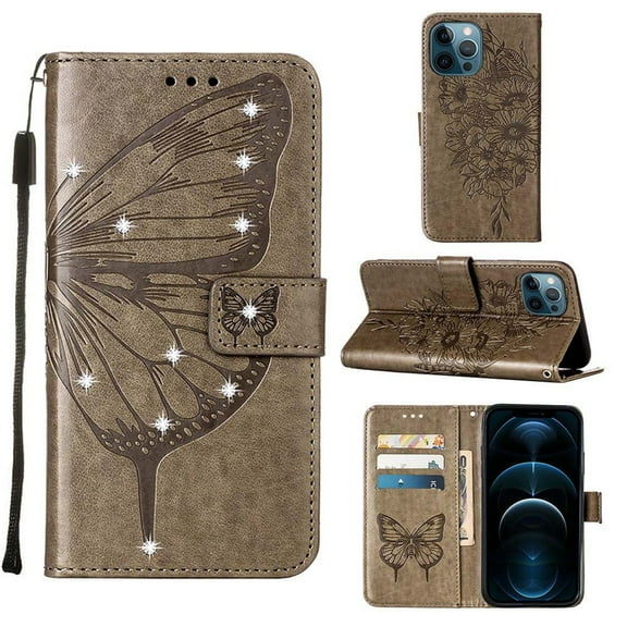 Dteck for iPhone 12 Pro 6.1" 2020 Flip Wallet Case, PU Leather Anti-Drop Case with Card Slot & Kickstand & Wrist Strap Shockproof Protective Case for iPhone 12 Pro Women Men, Gray